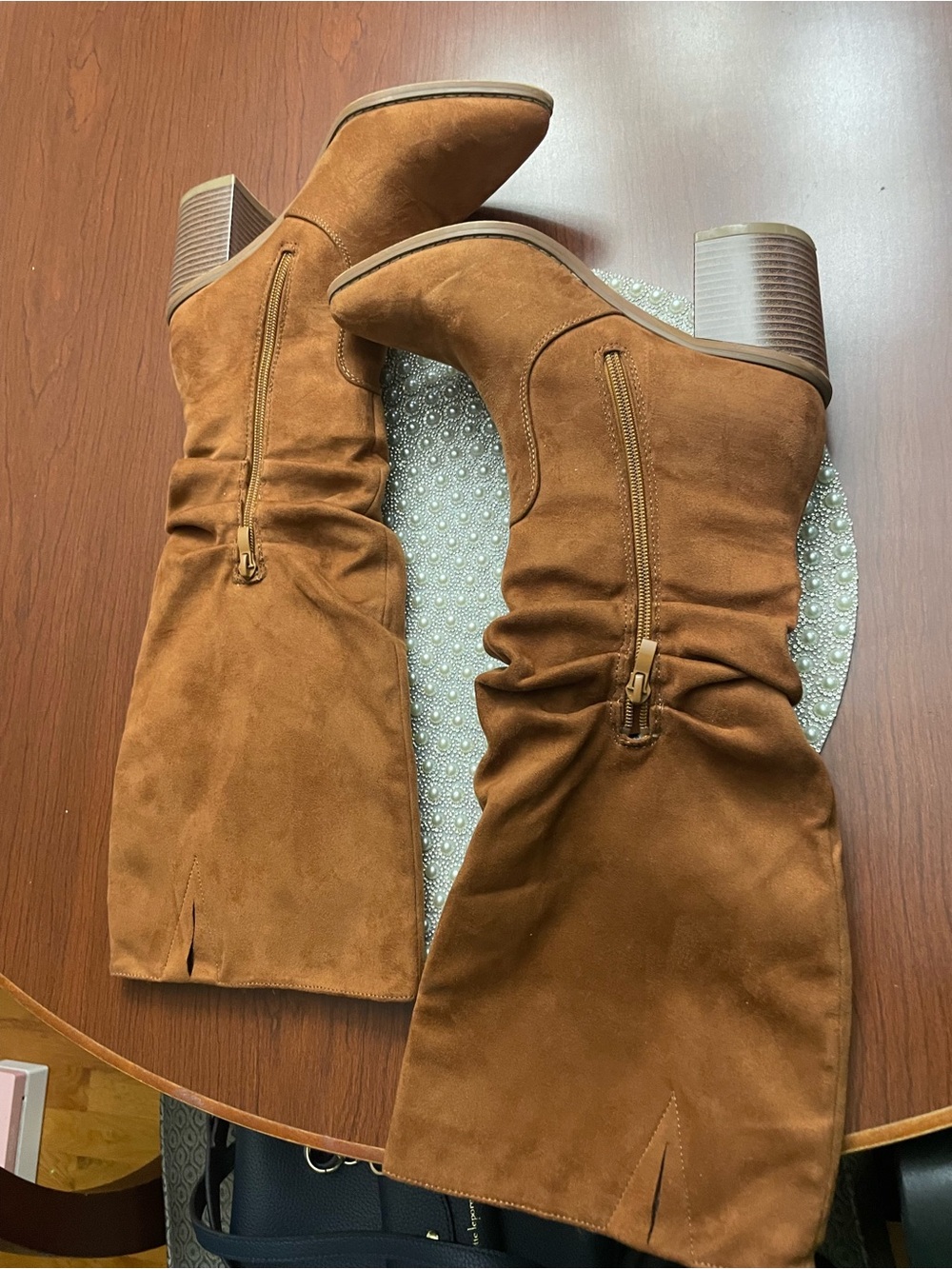Women's Brown Suede Mid-Calf Block Heel Boots